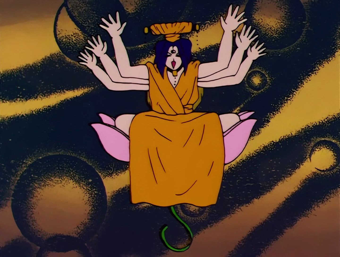 Yamandakka, a Cardian from Sailor Moon episode 58. She has pale skin, dark blue hair, and six arms. She’s wearing a mustard yellow robe and headdress, and she’s seated on a giant hovering lotus flower.